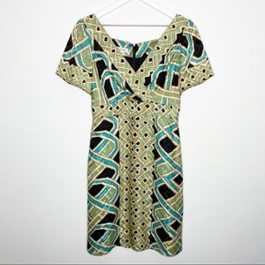 Kay Unger Silk Green Black Geometric Dress V-Neck Short Sleeve 8 Cocktail